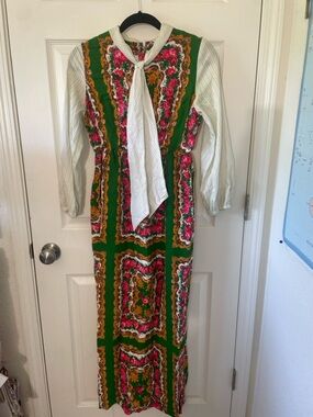 Rare Vintage Handmade Vibrant Floral Maxi Dress w/ Tie Neck Boho Prairie Style M